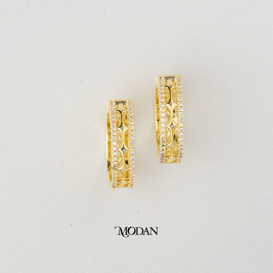 (23mm) Sparkling Micro Paved Mini Ribbed Hoop Earrings Anting Bulat Hypoallergenic Gold Plated