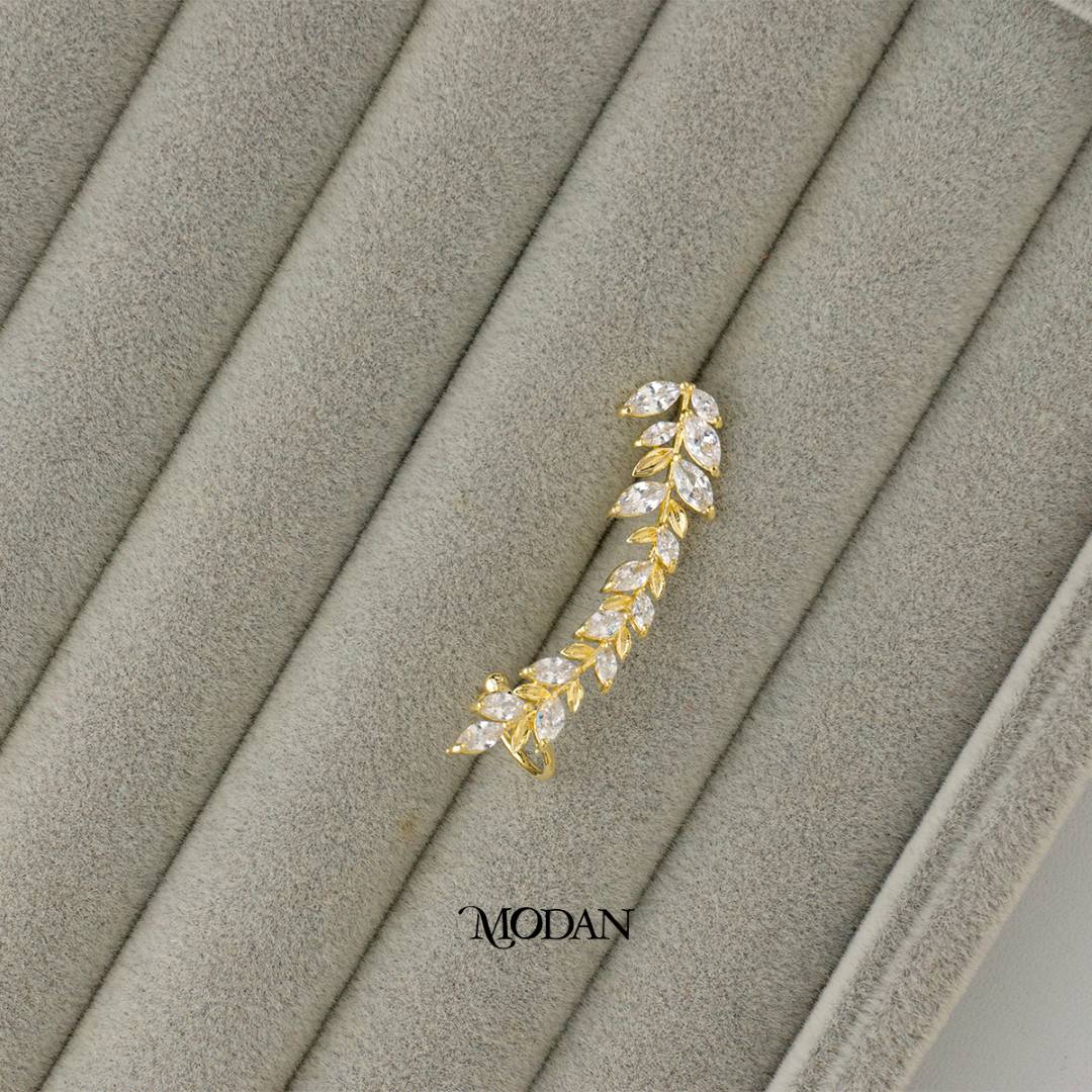 (43mm)(Right) Sparkling Zirconia Bridal Leaf Flower Earcuff Earring Hypoallergenic Gold Plated
