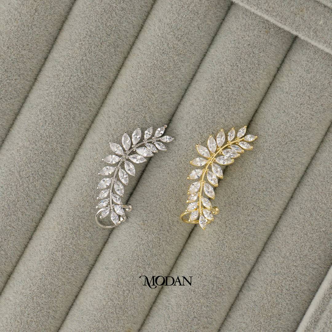 (33mm)(Left) Sparkling Marquise Leaf Zirconia Earcuff Earring Hypoallergenic Gold Plated