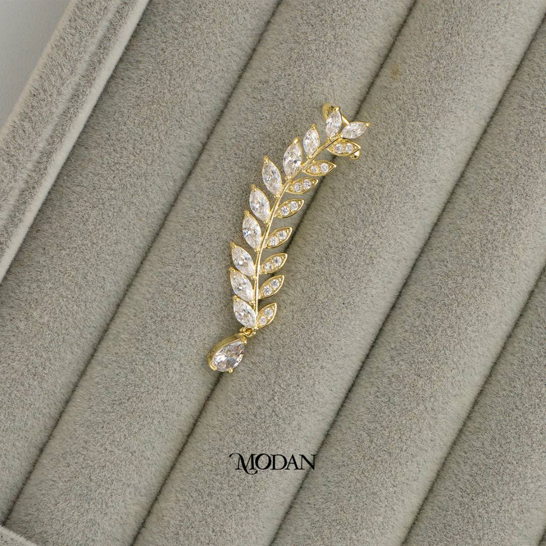 (42mm)(Right) Sparkling Marquise Leaf Zirconia Teardrop Dangle Earcuff Earring Hypoallergenic Gold Plated