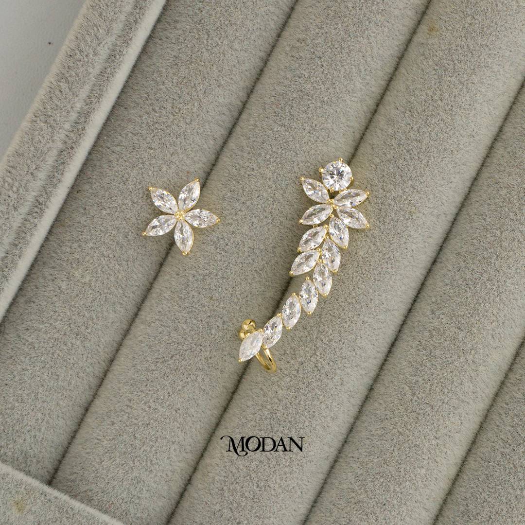 Micro Paved Marquise Leaf and Flower Earcuff Earring Hypoallergenic Gold Plated