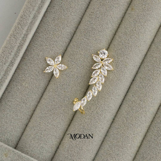Micro Paved Marquise Leaf and Flower Earcuff Earring Hypoallergenic Gold Plated