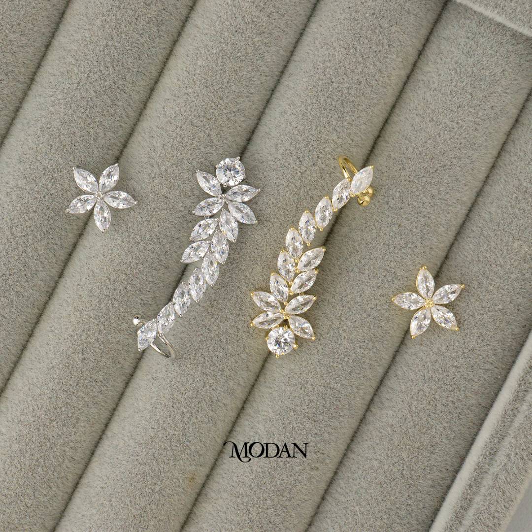 Micro Paved Marquise Leaf and Flower Earcuff Earring Hypoallergenic Gold Plated
