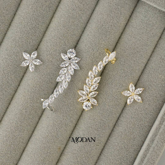 Micro Paved Marquise Leaf and Flower Earcuff Earring Hypoallergenic Gold Plated