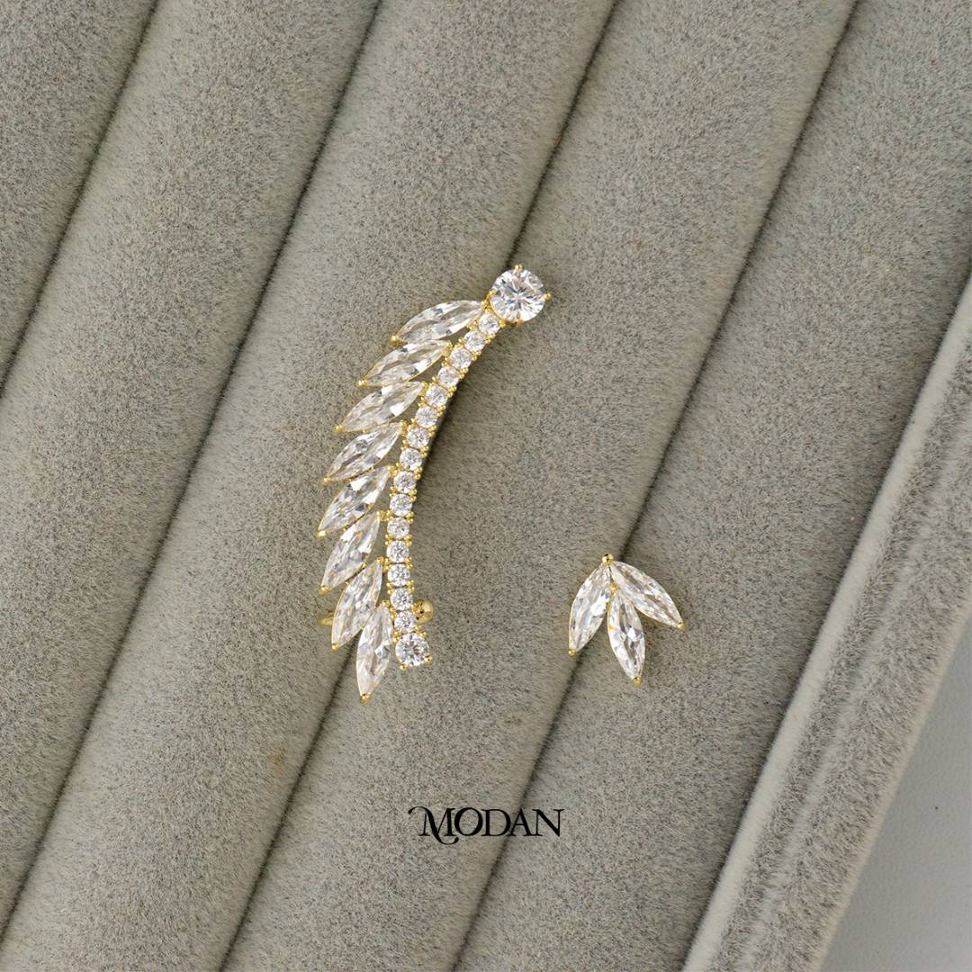 Micro Paved Zirconia Marquise Bridal Leaf Earcuff Earring Hypoallergenic Gold Plated