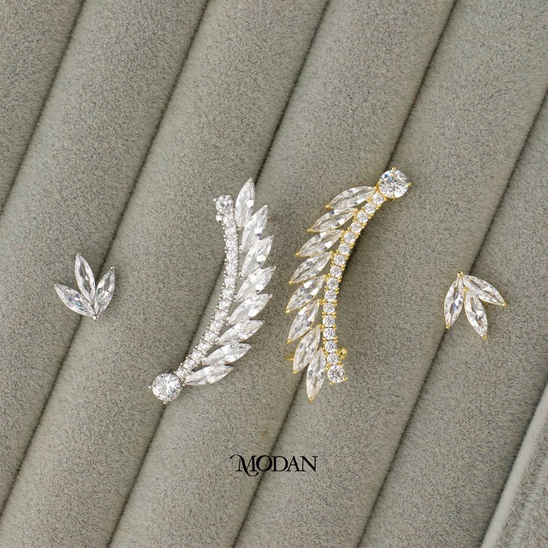 Micro Paved Zirconia Marquise Bridal Leaf Earcuff Earring Hypoallergenic Gold Plated