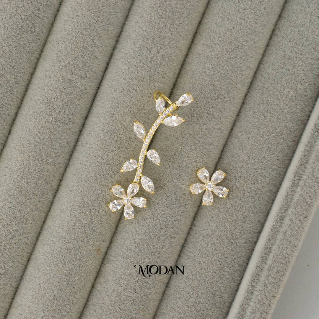 Micro Paved Zirconia Bridal Flower Earcuff Earring Hypoallergenic Gold Plated