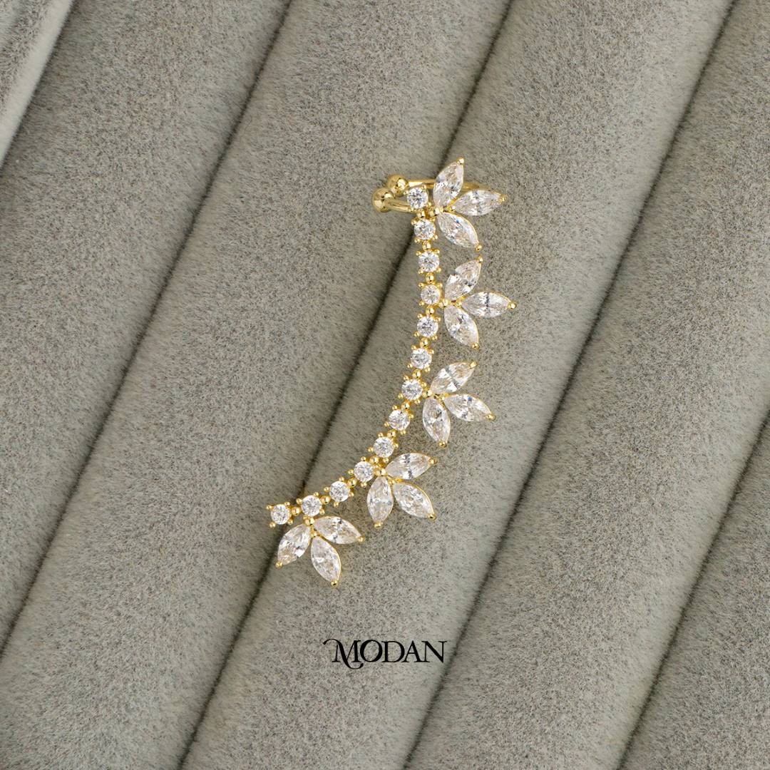 (45mm)(Left) Sparkling Marquise Cut Zirconia Bridal Leaf Earcuff Earring Hypoallergenic Gold Plated