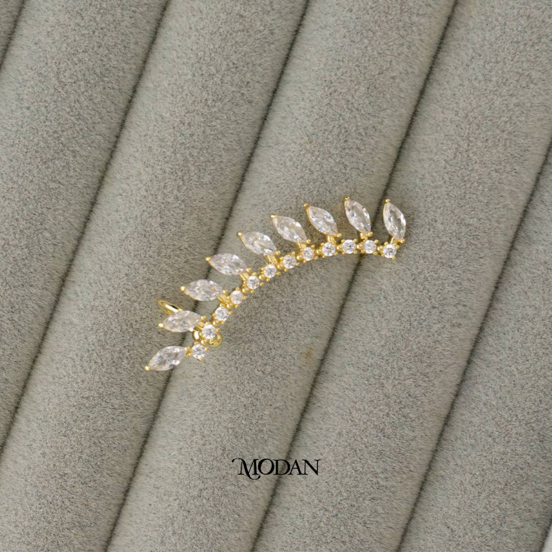 (45mm)(Left) Sparkling Bridal Leaf Earcuff Earring Hypoallergenic Gold Plated