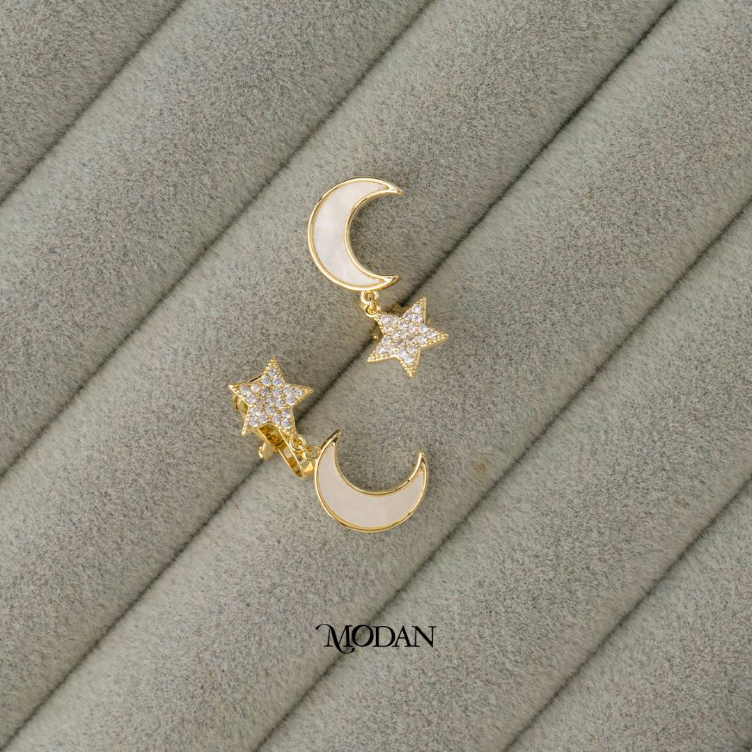 (22mm) Micro Paved Zirconia Celestial Star and Moon Enamel Clip on Hoop Earrings Anting Jepit Hijab Elegant Hypoallergenic Gold Plated