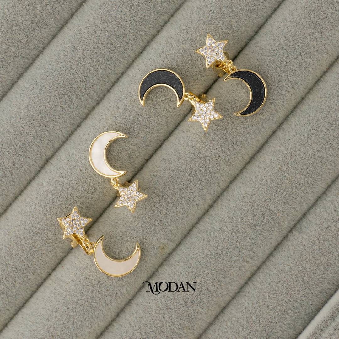 (22mm) Micro Paved Zirconia Celestial Star and Moon Enamel Clip on Hoop Earrings Anting Jepit Hijab Elegant Hypoallergenic Gold Plated