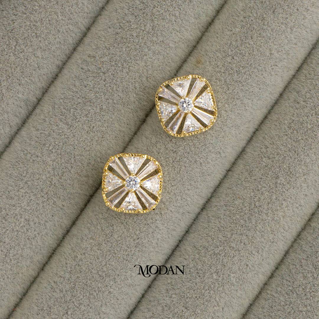 (13mm) Sparkling Zirconia Geometric Square Stud Earrings Anting Tusuk Persegi Hypoallergenic Gold Plated