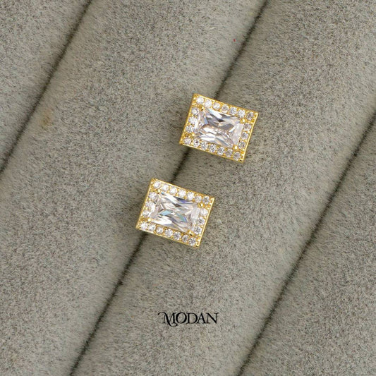 (10mm) Sparkling Micro Paved Geometric Rectangle Stud Earrings Anting Tusuk Persegi Panjang Hypoallergenic Gold Plated