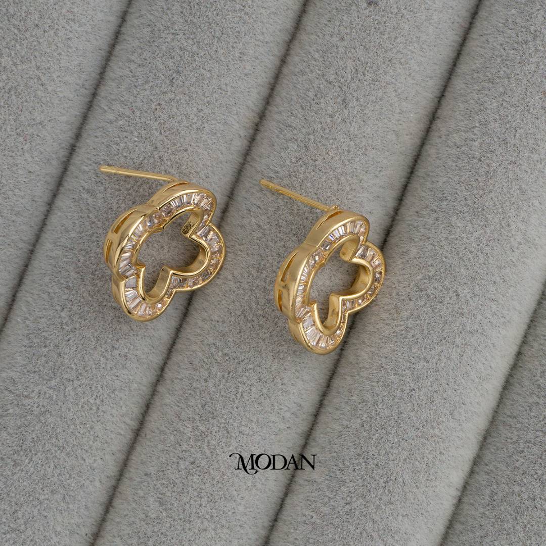 Lucky Four Leaf Clover Baguette Stud Earrings Anting Pesta Daun Semanggi Hypoallergenic Gold Filled