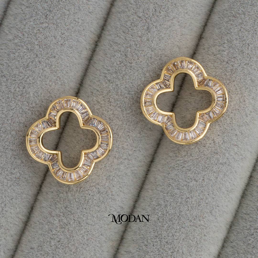 Lucky Four Leaf Clover Baguette Stud Earrings Anting Pesta Daun Semanggi Hypoallergenic Gold Filled