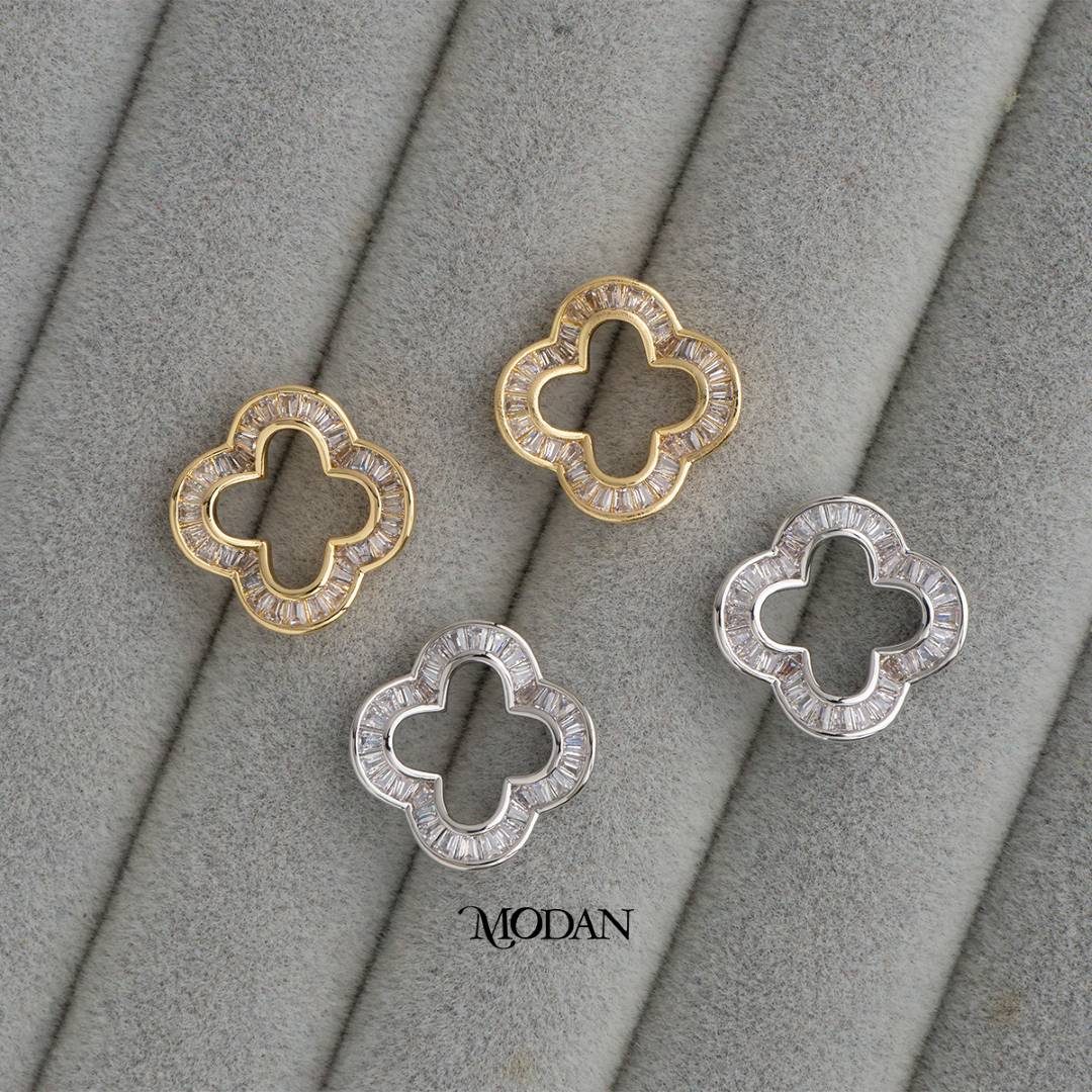 Lucky Four Leaf Clover Baguette Stud Earrings Anting Pesta Daun Semanggi Hypoallergenic Gold Filled