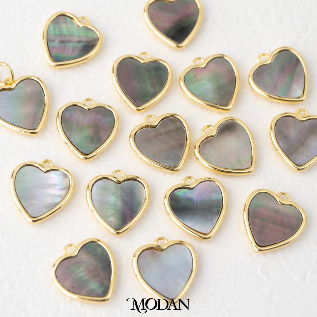 Gradient Heart Abalone Grey Charm Liontin DIY Hati Gold Filled