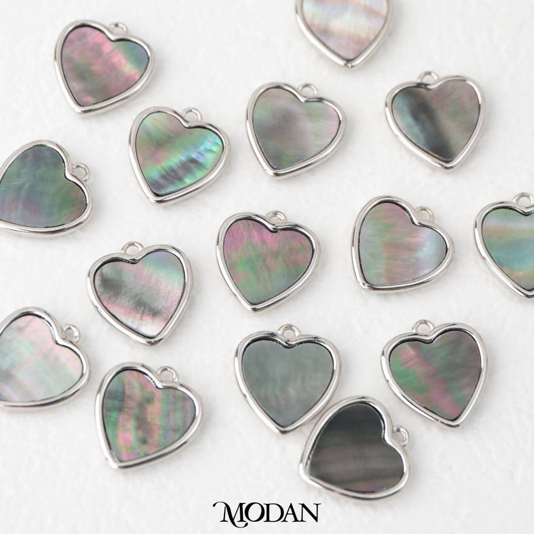 Gradient Heart Abalone Grey Charm Liontin DIY Hati Gold Filled