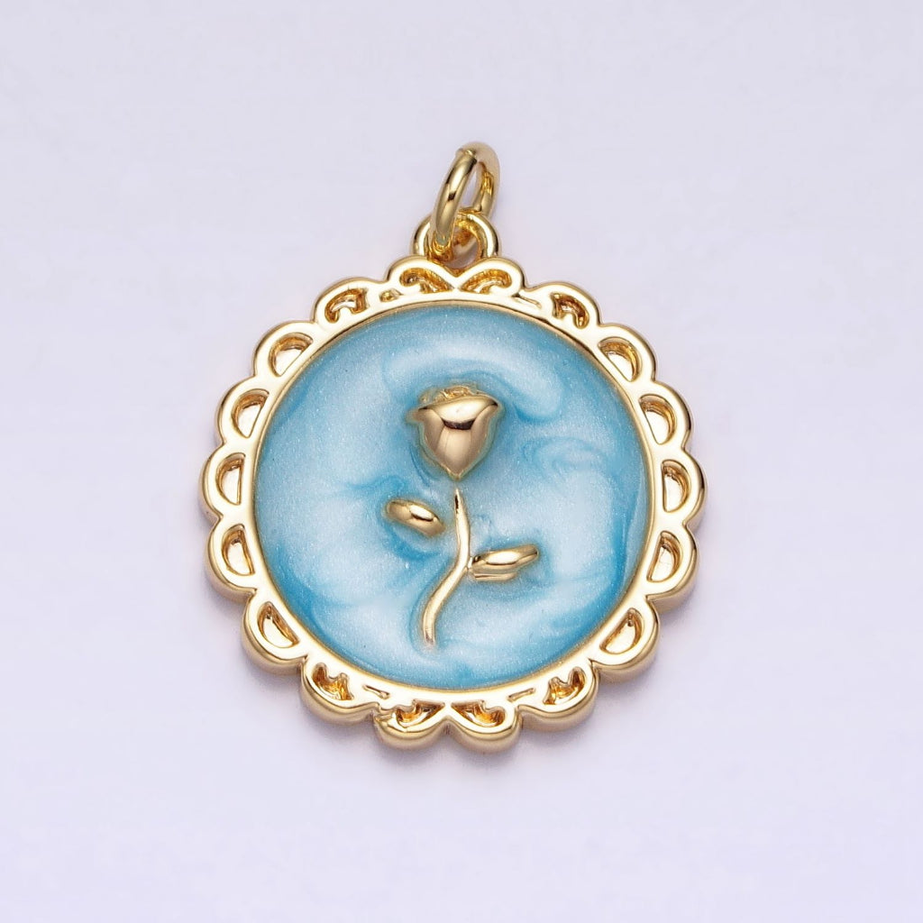 Round Enamel Rose Flower Charm DIY Charm Liontin Bunga Mawar Bulat Hypoallergenic Gold Filled