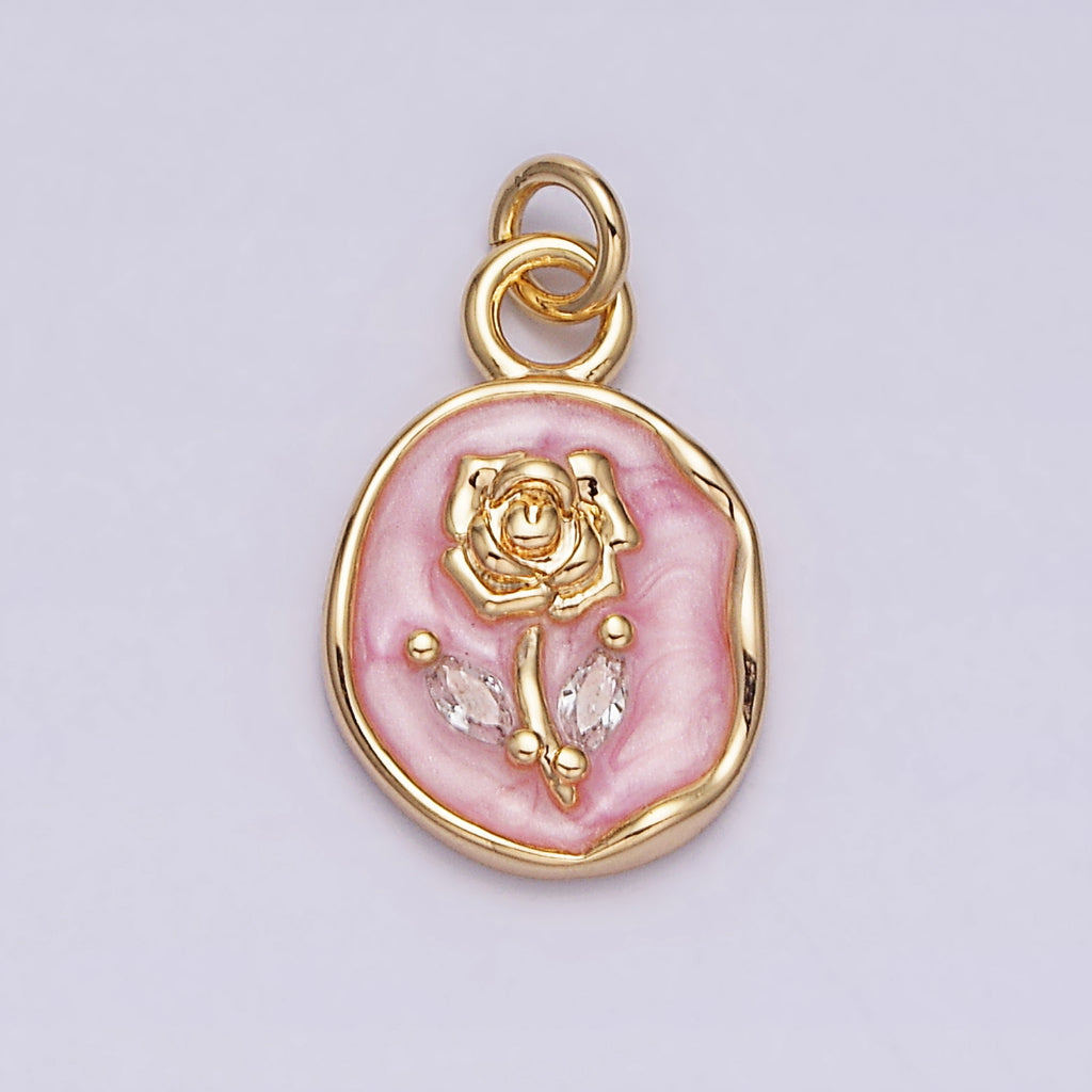 Rose Flower Pink White Black Marquise Leaf Enamel DIY Charm Liontin Bunga Mawar Hypoallergenic Gold Filled
