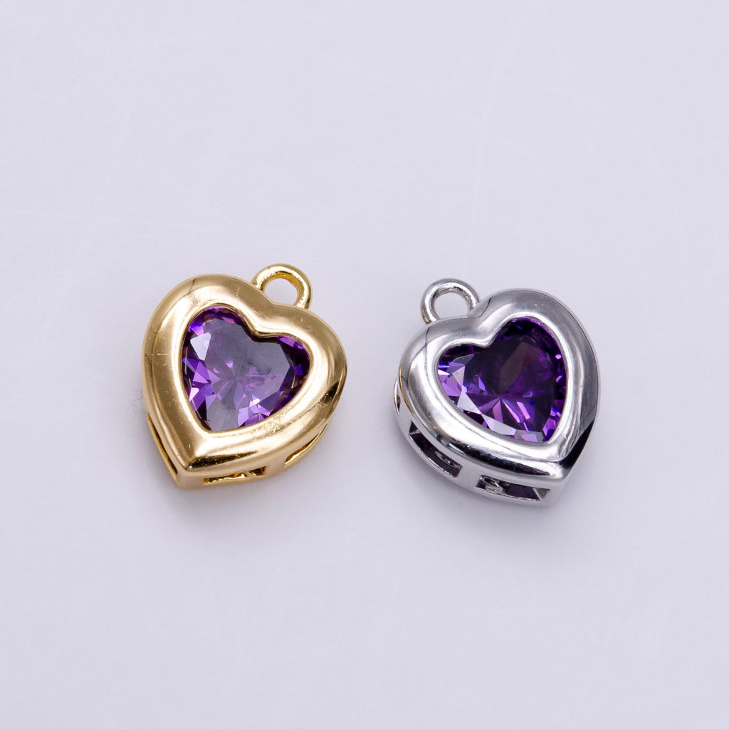 Clear Purple Cubic Zirconia Heart Framed Charm DIY Charm Liontin Hati Berlian Hypoallergenic Gold Filled