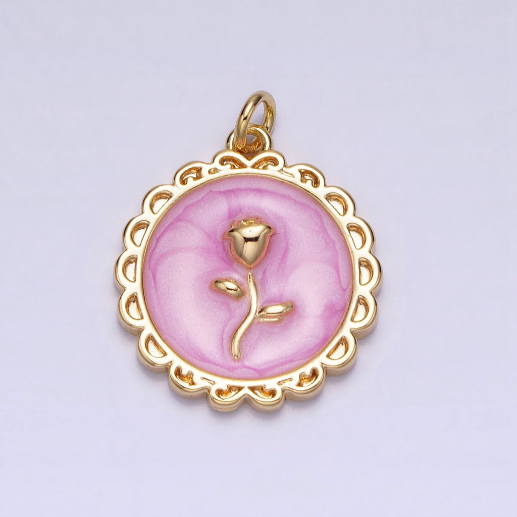 Round Enamel Rose Flower Charm DIY Charm Liontin Bunga Mawar Bulat Hypoallergenic Gold Filled