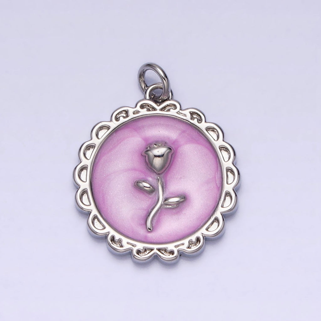 Round Enamel Rose Flower Charm DIY Charm Liontin Bunga Mawar Bulat Hypoallergenic Gold Filled
