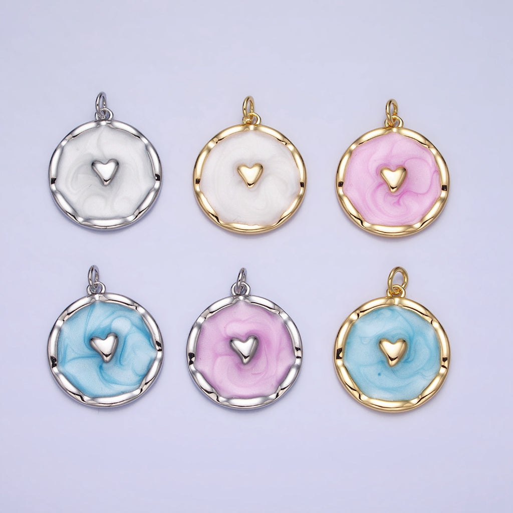 Blue Pink White Enamel Heart Round DIY Charm Liontin Hati Bulat Hati Hypoallergenic Gold Plated