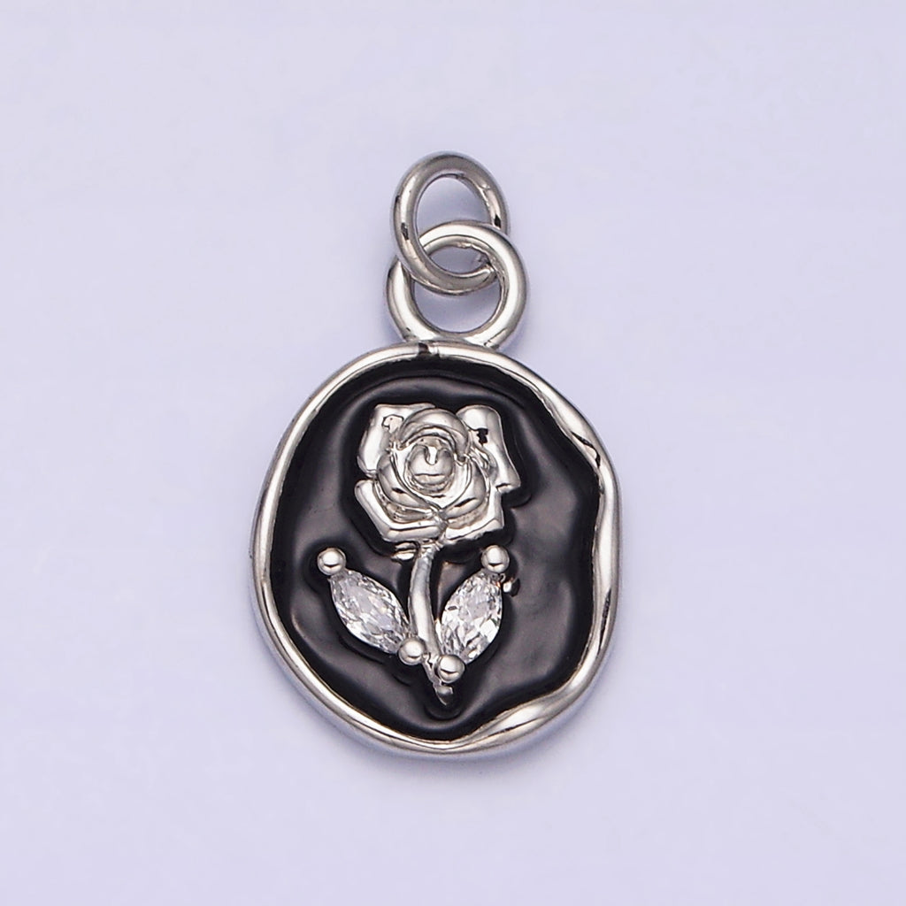 Rose Flower Pink White Black Marquise Leaf Enamel DIY Charm Liontin Bunga Mawar Hypoallergenic Gold Filled