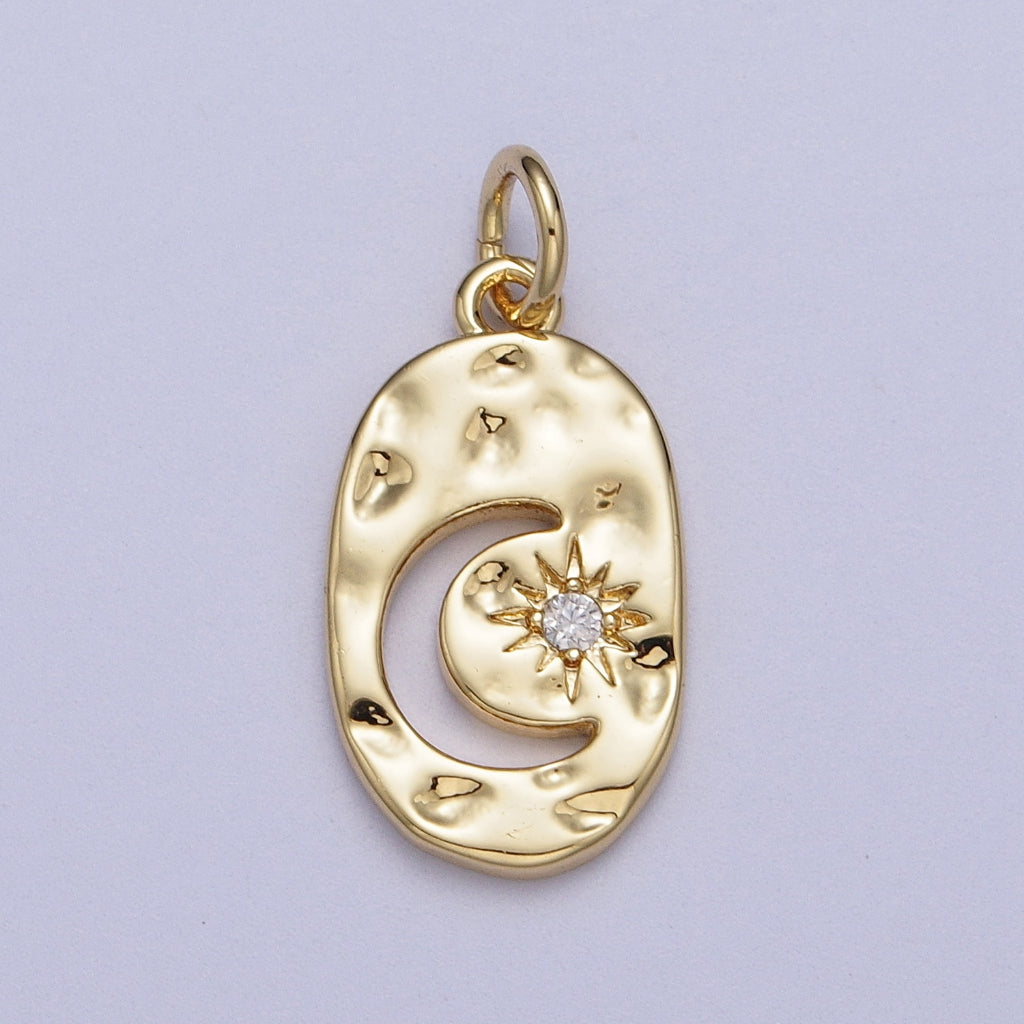 Hammered Celestial Moon Star Oval DIY Charm Liontin Bulan Bintang Oval Hypoallergenic Gold Plated