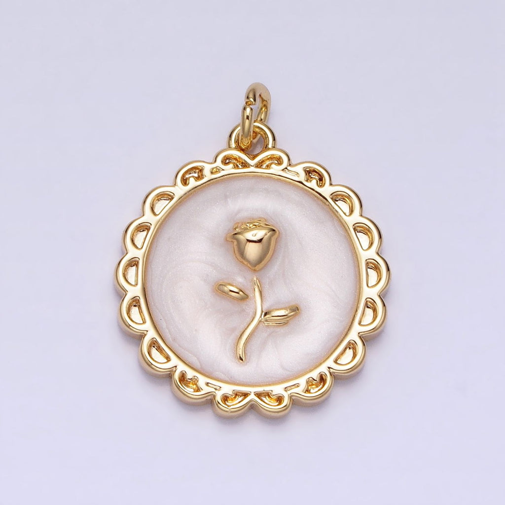Round Enamel Rose Flower Charm DIY Charm Liontin Bunga Mawar Bulat Hypoallergenic Gold Filled