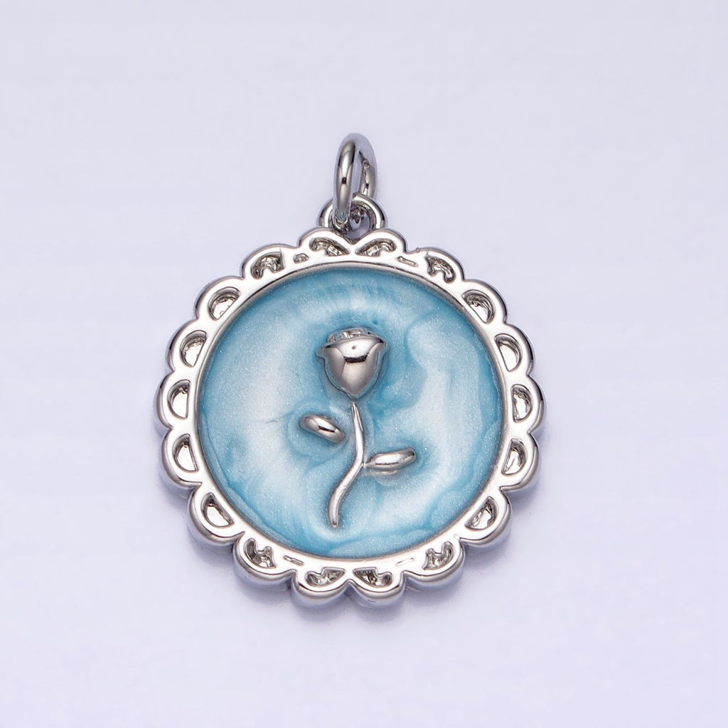 Round Enamel Rose Flower Charm DIY Charm Liontin Bunga Mawar Bulat Hypoallergenic Gold Filled
