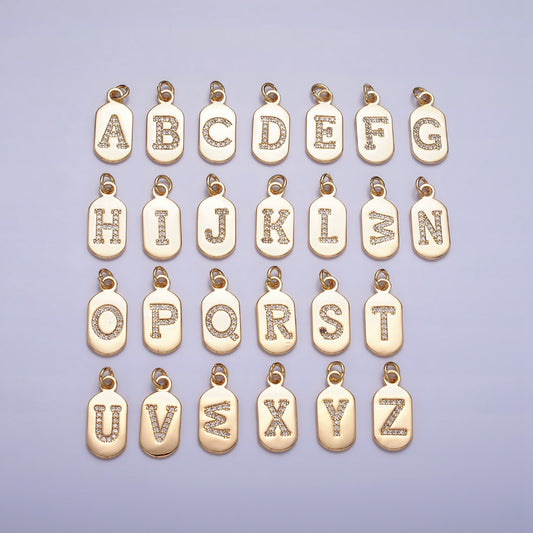 Rectangular Tag Micro Paved Initial Alphabet DIY Charm Liontin Kalung Huruf A-Z Hypoallergenic Gold Plated