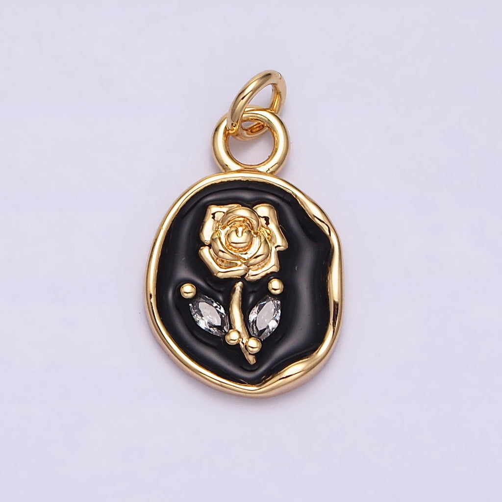 Rose Flower Pink White Black Marquise Leaf Enamel DIY Charm Liontin Bunga Mawar Hypoallergenic Gold Filled