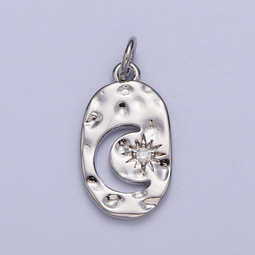 Hammered Celestial Moon Star Oval DIY Charm Liontin Bulan Bintang Oval Hypoallergenic Gold Plated