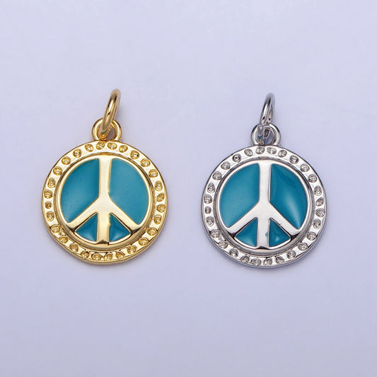 Blue Peace Sign Enamel DIY Charm Liontin Bulat Biru Hypoallergenic Gold Filled