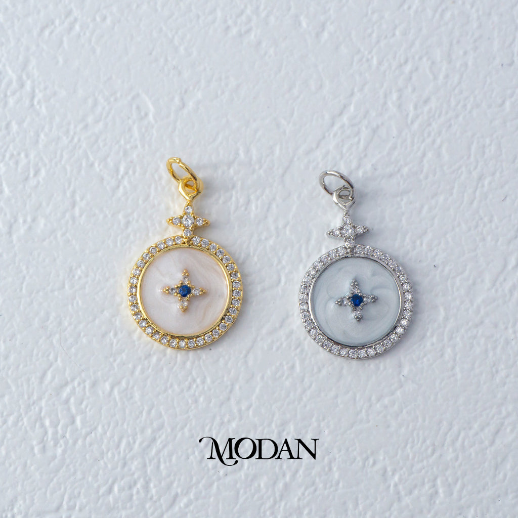 White Medallion Star Round Charm DIY Charm Liontin Bintang Bulat Berlian Hypoallergenic Gold Filled