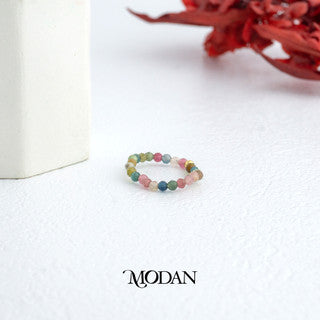 Green And Pink Tourmaline Crystal Beads Ring Cincin Kristal Hijau Dan Merah Muda Hypoallergenic Gold Plated