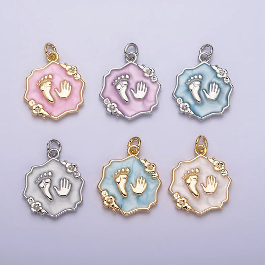 Baby Shower Hand & Feet Enamel Flower Charm DIY Charm Liontin Tanda Lahir Bayi Mungil Hypoallergenic Gold Filled