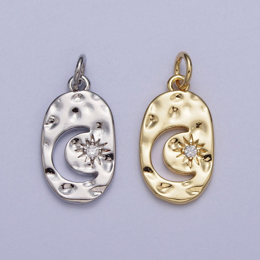 Hammered Celestial Moon Star Oval DIY Charm Liontin Bulan Bintang Oval Hypoallergenic Gold Plated