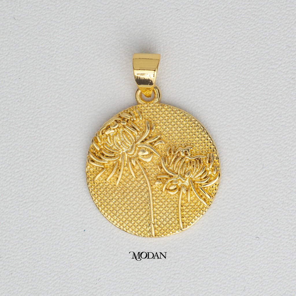 Golden Wild Flower Medallion Coin Pendant DIY Pendant Liontin Bunga Bulat Artistik Hypoallergenic Gold Filled