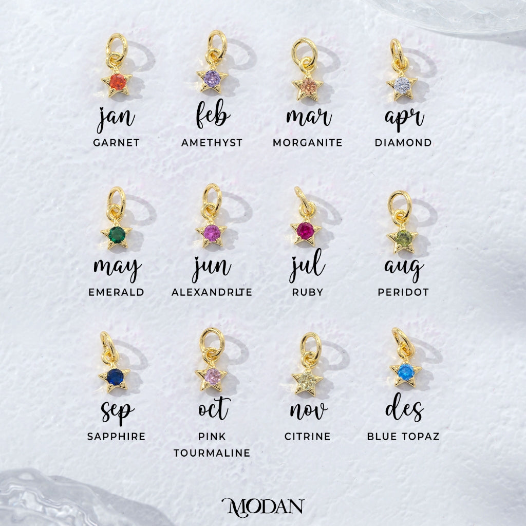 Tiny Round Star Birthstone Charm DIY Charm Liontin Kalung Bintang Kecil Bulan Lahir Warna-Warni Hypoallergenic Gold Filled