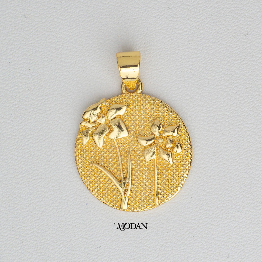 Golden Wild Flower Medallion Coin Pendant DIY Pendant Liontin Bunga Bulat Artistik Hypoallergenic Gold Filled