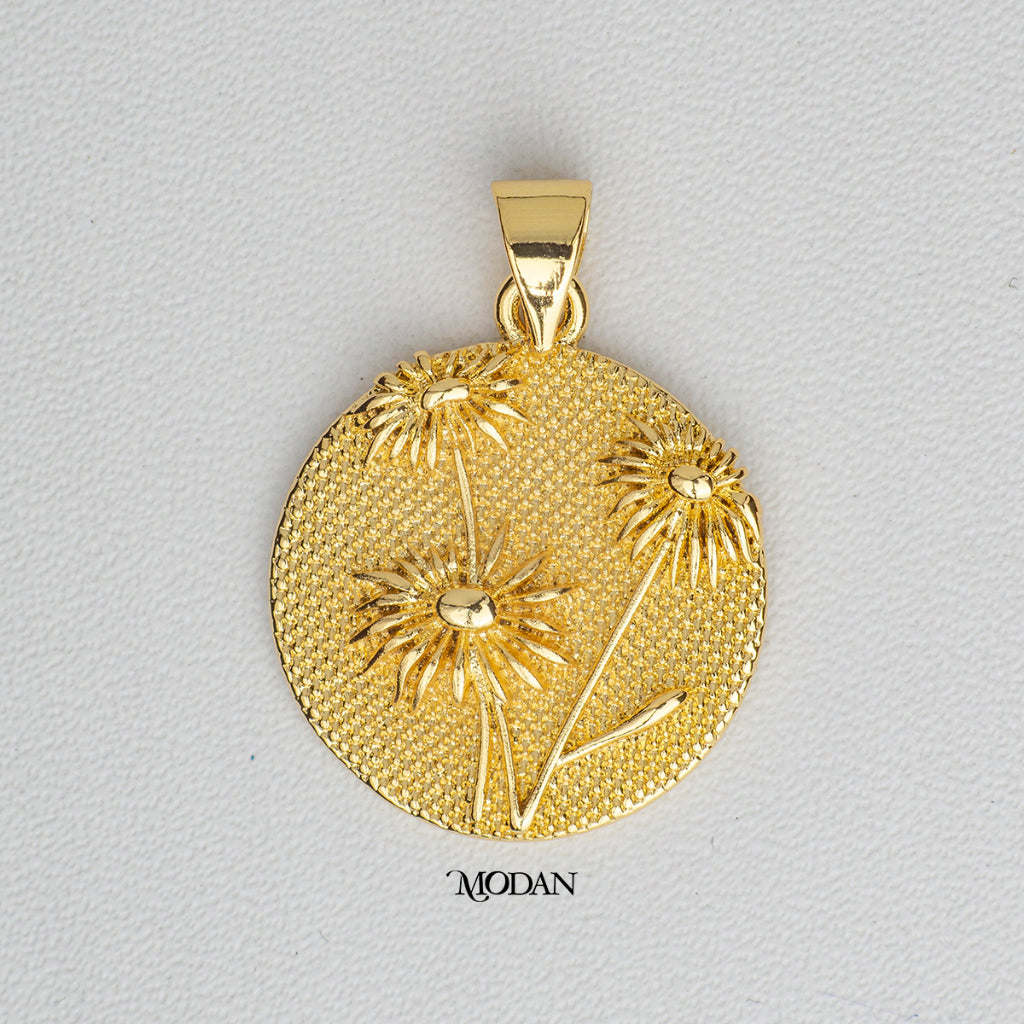 Golden Wild Flower Medallion Coin Pendant DIY Pendant Liontin Bunga Bulat Artistik Hypoallergenic Gold Filled
