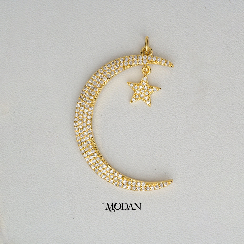 Micro Paved Moon and Star Muslim Pendant DIY Pendant Liontin Kalung Hijab Bulan Bintang Hypoallergenic Gold Plated