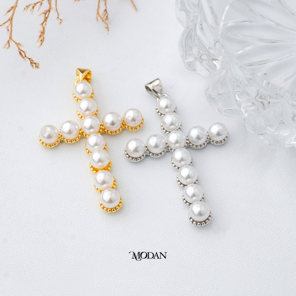 Unisex Religious Cross Faux Pearl Pendant DIY Pendant Liontin Salib Mutiara Imitasi Hypoallergenic Gold Plated