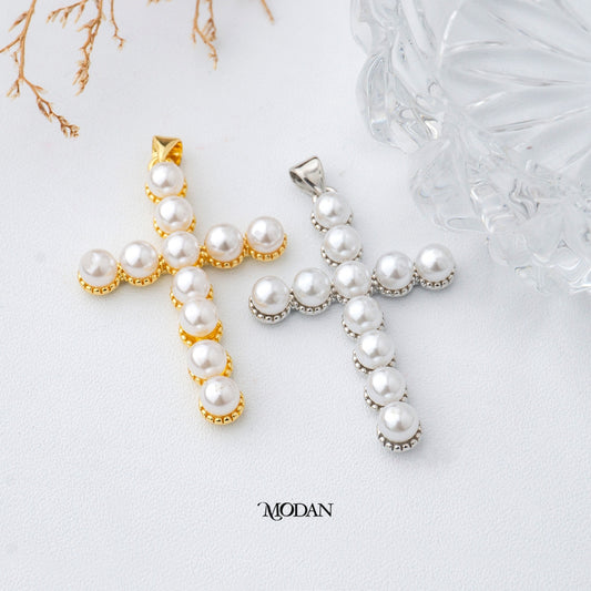 Unisex Religious Cross Faux Pearl Pendant DIY Pendant Liontin Salib Mutiara Imitasi Hypoallergenic Gold Plated