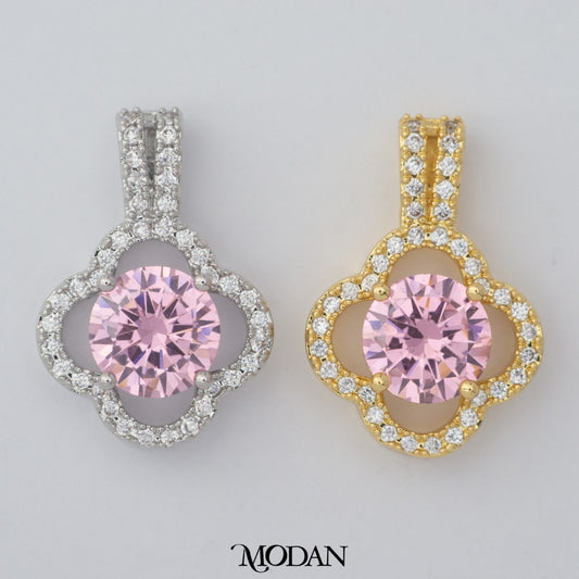 Pink Diamond Replica Micro Paved Lucky Clover Pendant DIY Pendant Liontin Daun Semanggi Hypoallergenic Gold Filled