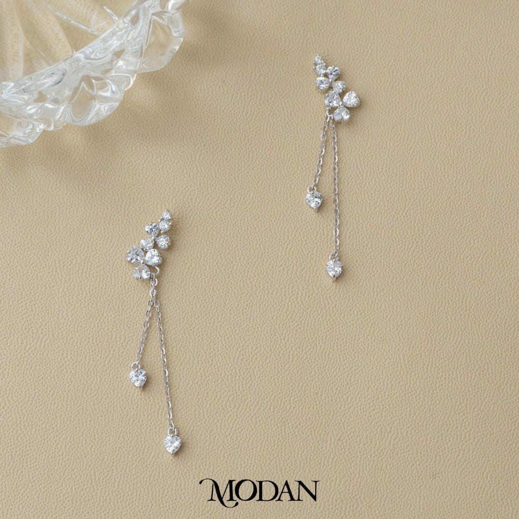 Sparkling Bridal Flower Drop Stud Earrings Anting Tusuk Pesta Bunga Hypoallergenic Sterling Silver S925