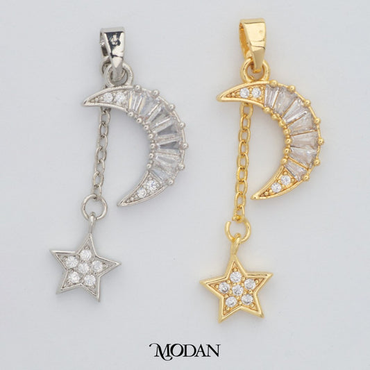 Sparkling Moon and Star Drop Pendant DIY Pendant Liontin Bulan Bintang Jurai Juntai Berlian Hypoallergenic Gold Filled